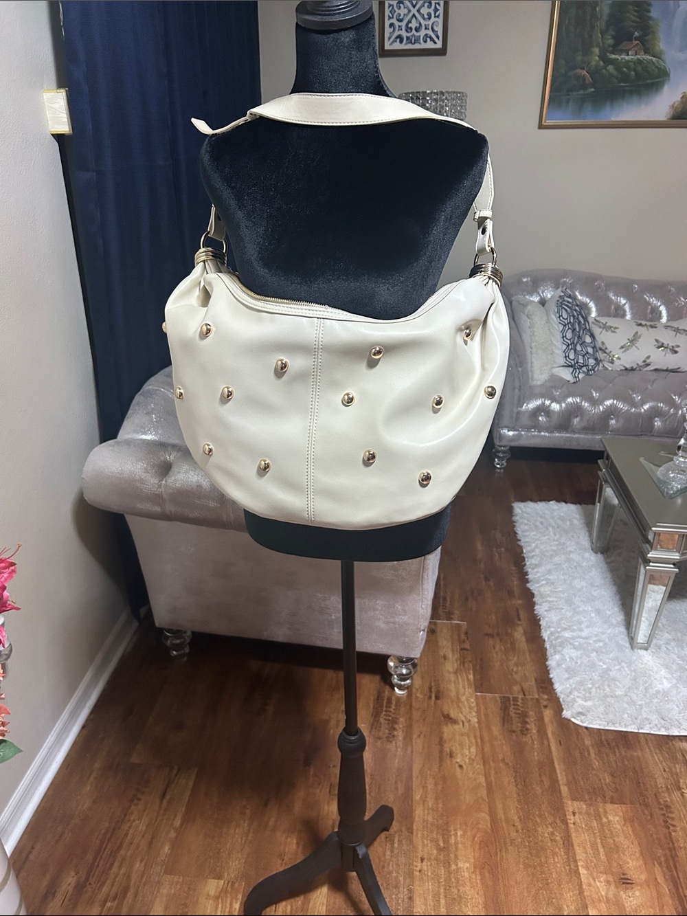 Urban Expressions Cream Shoulder Bag with Gold Stud Accents